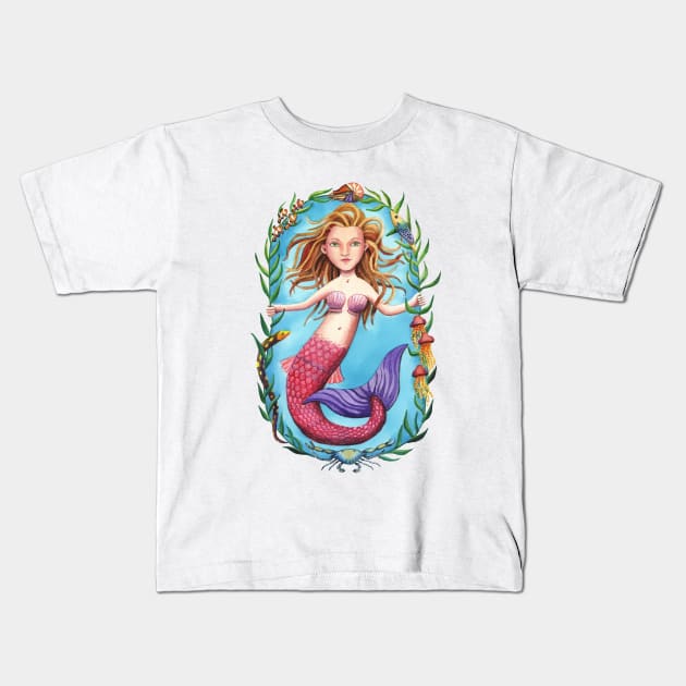 Pink-Tailed Mermaid and her Seaweed Circle Kids T-Shirt by JCPhillipps